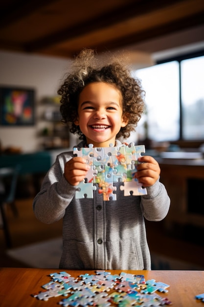 Niño orgulloso sosteniendo un rompecabezas completado radiante de logro