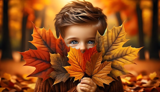 Niño en otoño mirando juguetón a través de hojas vibrantes capturando la esencia del otoño
