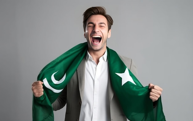 Niño pakistaní en la celebración del día de Pakistán el 14 de agosto con traje de bandera de Pakistán de color verde