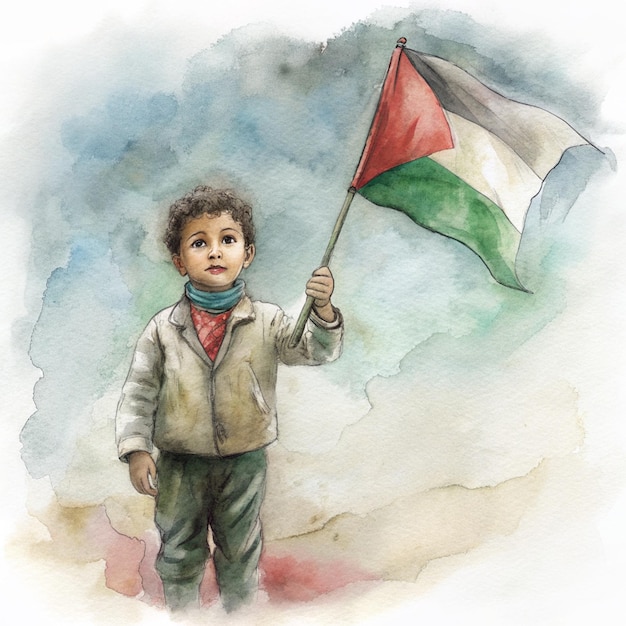 Niño palestino con una bandera de Palestina en acuarela