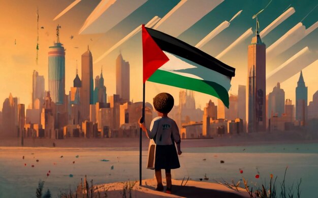 Niño palestino cargando la bandera palestina frente a los edificios