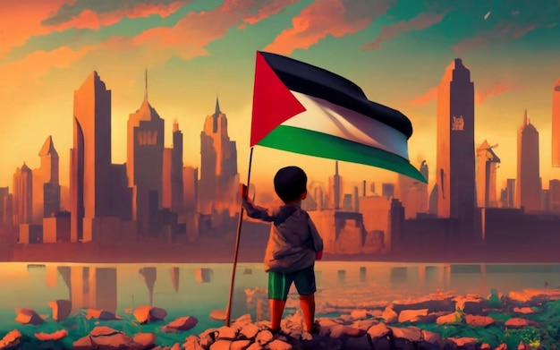 Niño palestino cargando la bandera palestina frente a los edificios