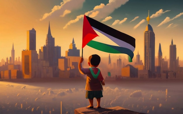 Niño palestino cargando la bandera palestina frente a los edificios