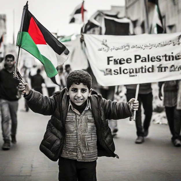 Foto niño palestino con un cartel que dice liberación de palestina gaza con una bandera