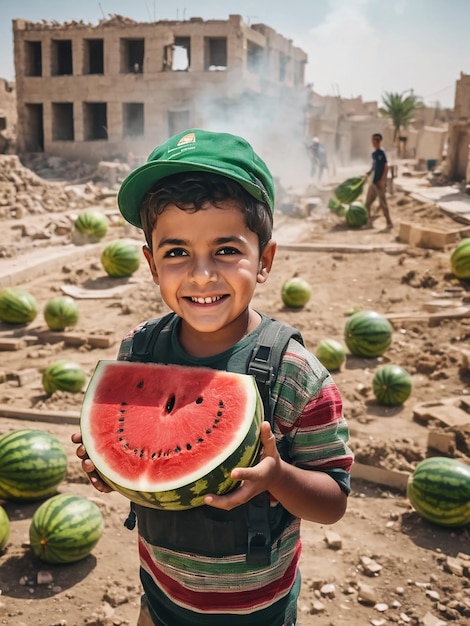 Foto un niño palestino sostiene una gran sandía como una forma de resistencia