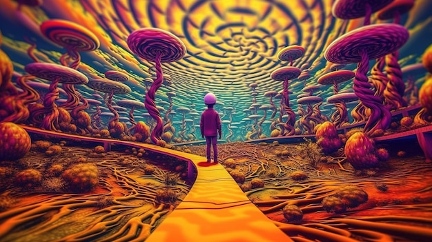 Un niño parado en un camino amarillo en un paisaje de fantasía Arte generativo con IA