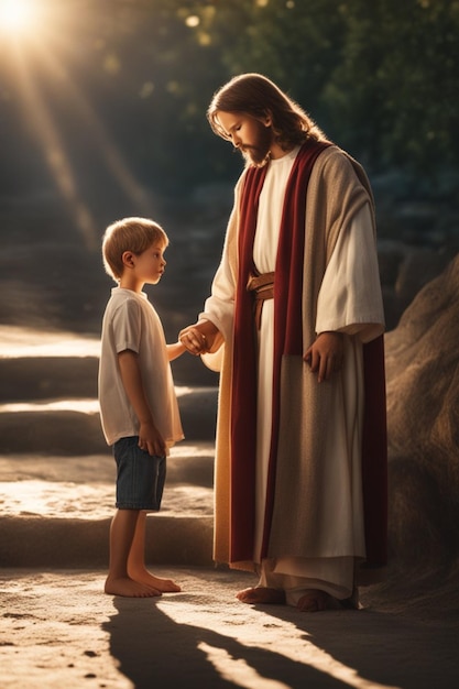 Niño parado junto a Jesús sosteniendo su mano y una luz brillante sobre ellos ilustración