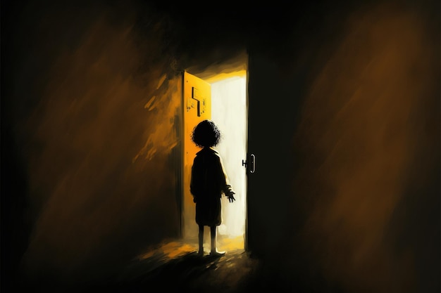 Niño parado en un lugar oscuro y abriendo una puerta iluminada desde dentro de una ilustración de estilo de arte digital que pinta el concepto de fantasía de un niño cerca del portal a otro mundo