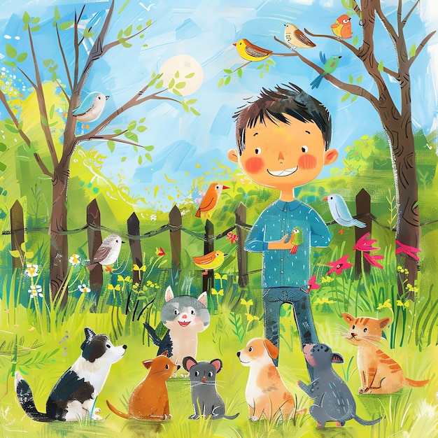 un niño en un parque con muchos gatos y pájaros