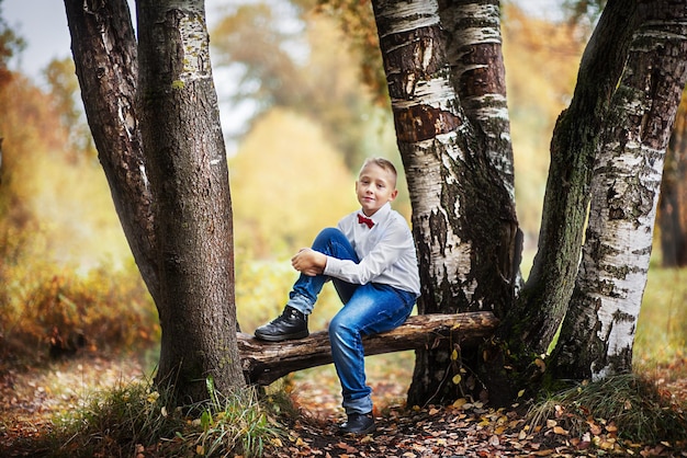 Un niño en un parque de otoño.