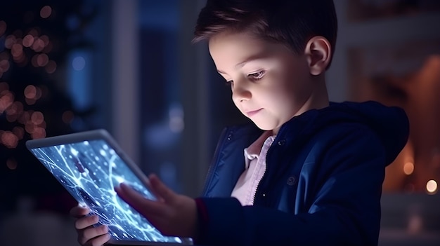 Niño participando en una clase virtual la tableta en la mano facilitando la educación en línea sin problemas