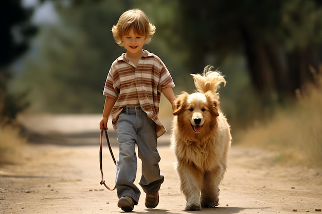 Un niño pasea a un perro con una correa Un niño y un perro caminan por el parque disfrutando del tiempo juntos Amigos