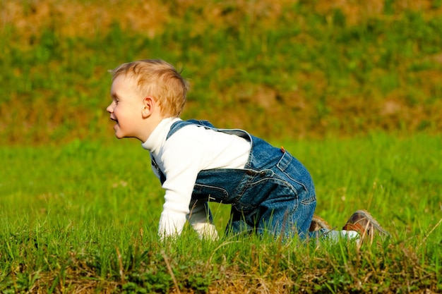 niño, en, pasto o césped