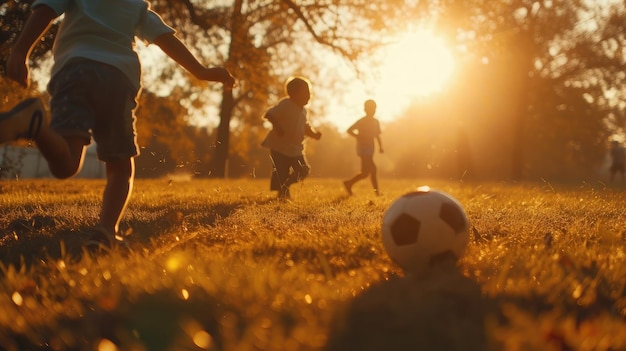 un niño patea una pelota de fútbol durante un juego con su familia
