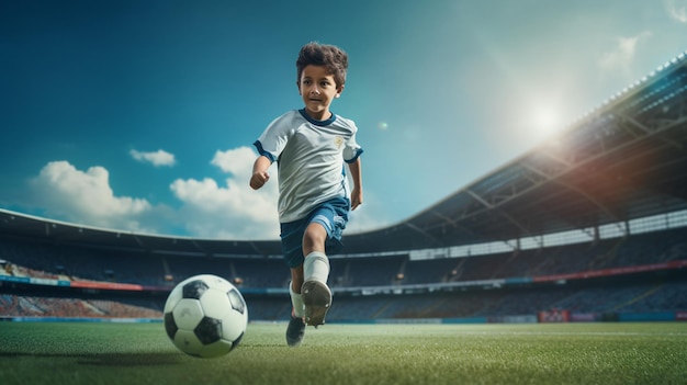 Un niño pateando una pelota de fútbol vistiendo ropa deportiva de fútbol.