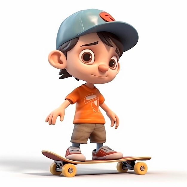 Niño patinador montando en patineta divertida y linda ilustración de dibujos animados en 3D sobre fondo blanco