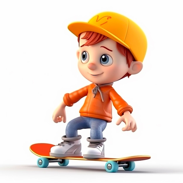 Niño patinador montando en patineta divertida y linda ilustración de dibujos animados en 3D sobre fondo blanco