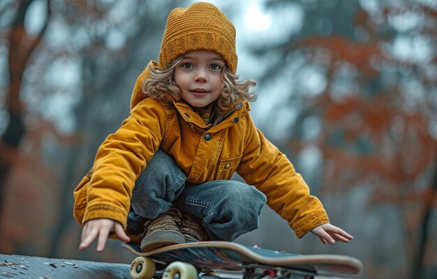 Niño patinando afuera con entusiasmo