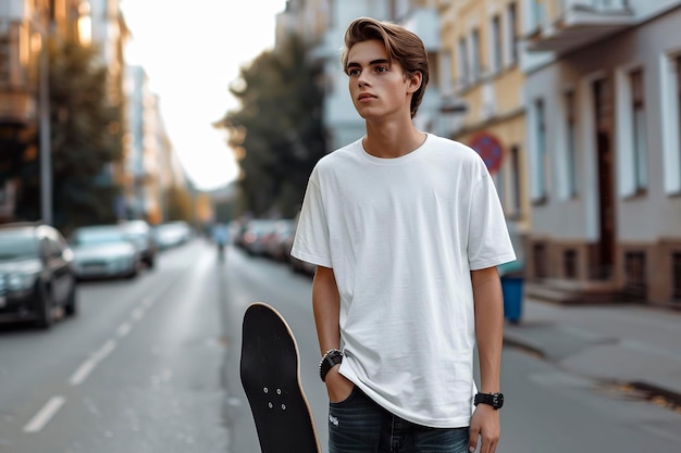 Niño con una patineta en la calle con una camiseta blanca