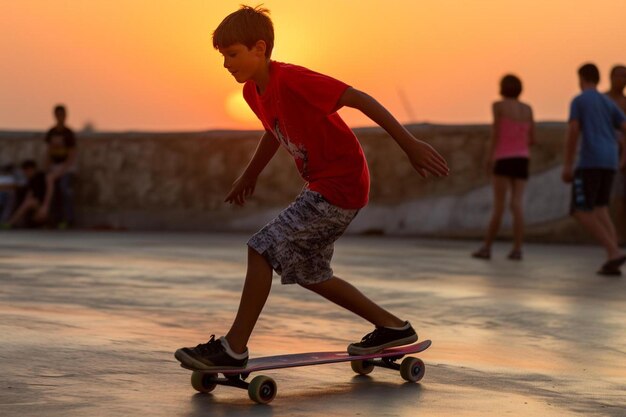 Foto un niño en una patineta con una camisa roja que dice un en él