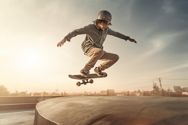 Un niño en una patineta está saltando sobre un ai generativo en la azotea