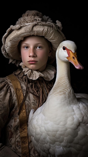 Foto un niño con un pato en la cabeza y el pato lleva un sombrero
