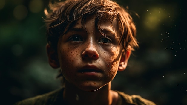 Un niño con pecas y un fondo verde.