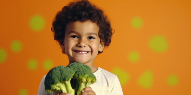 Foto niño con un pedazo de brócoli adecuado para el concepto de alimentación saludable