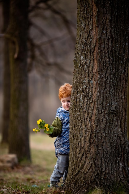 Niño pelirrojo escondido detrás de un árbol con flores