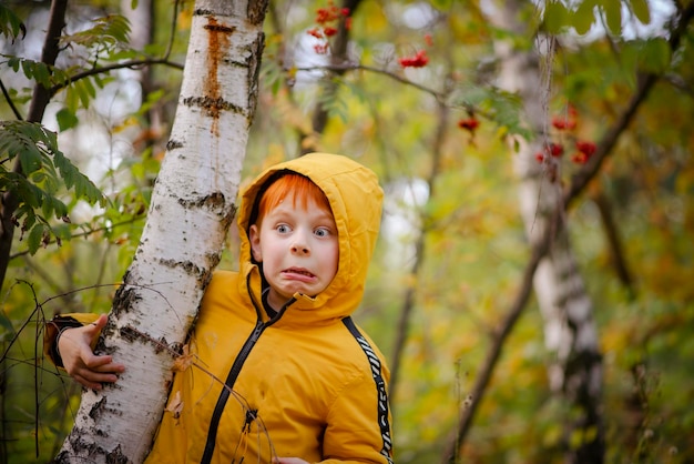 Niño pelirrojo de ocho años con una chaqueta amarilla en el bosque de otoño