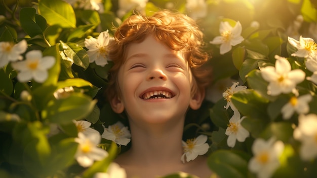 Niño pelirrojo tendido en un campo de flores