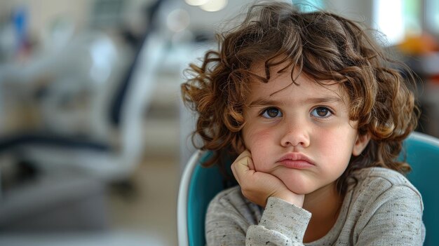 Niño de pelo rizado con una expresión aburrida descansando el mentón en las manos en el consultorio dental