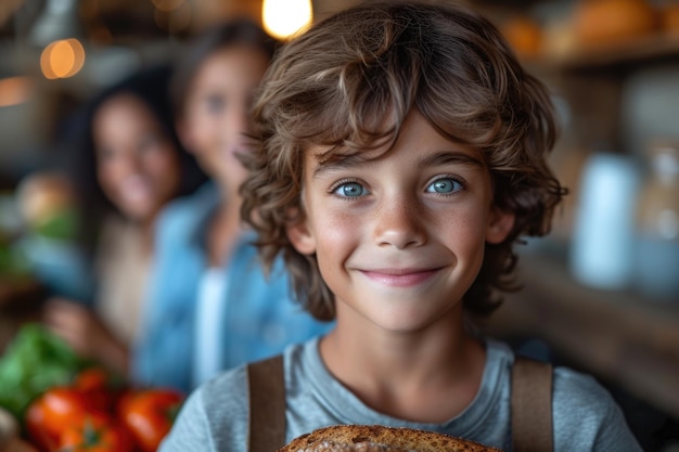 Niño de pelo rizado con familia en la cocina