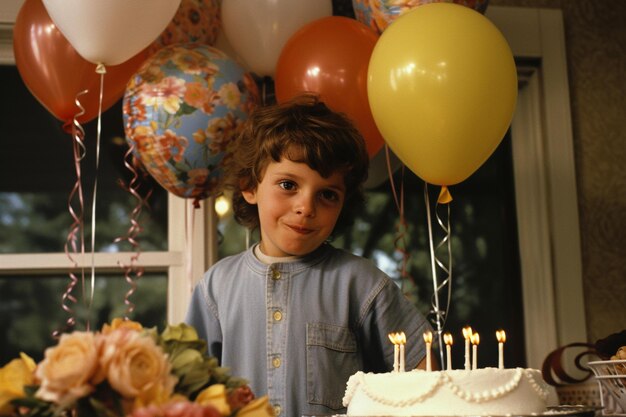 Un niño con el pelo rizado se para frente a un pastel con un pastel de cumpleaños frente a él.