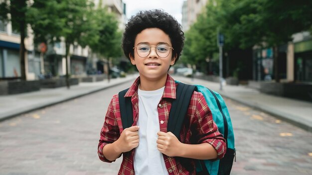 Foto niño de pelo rizado con gafas ópticas sosteniendo su mochila