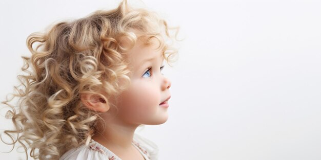 Foto niño de pelo rizado en perfil mirando hacia arriba con una expresión de esperanza contra un fondo blanco