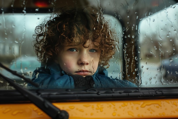 Niño de pelo rizado presionando la nariz contra el parabrisas trasero mirando fijamente hacia el autobús escolar del hermano mayor de 39 años