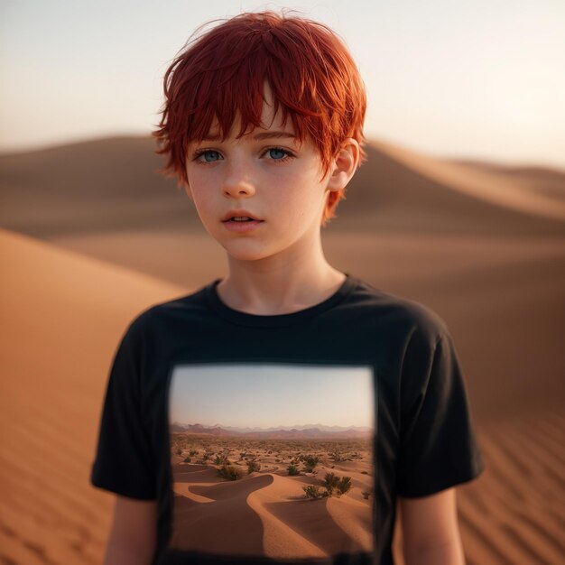 un niño de pelo rojo está de pie en el desierto con una imagen de un río en el fondo.