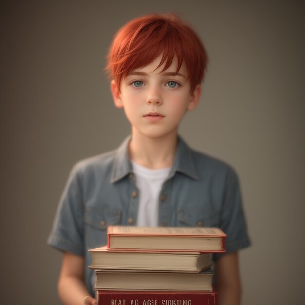 un niño de pelo rojo sostiene una pila de libros.