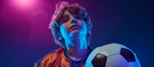 un niño con una pelota de fútbol en la mano está jugando con una luz azul