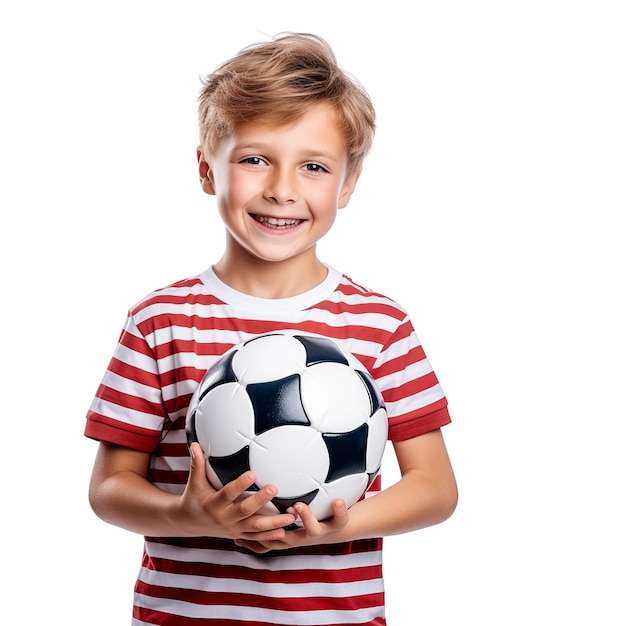 Un niño con una pelota de fútbol sobre un fondo blanco.