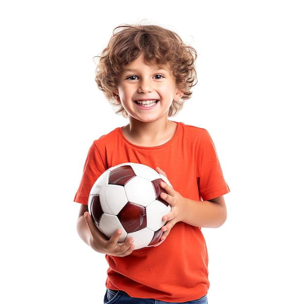 Un niño con una pelota de fútbol sobre un fondo blanco.