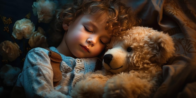 Un niño pequeño abraza un osito de peluche en un sueño Foto de alta calidad IA generativa