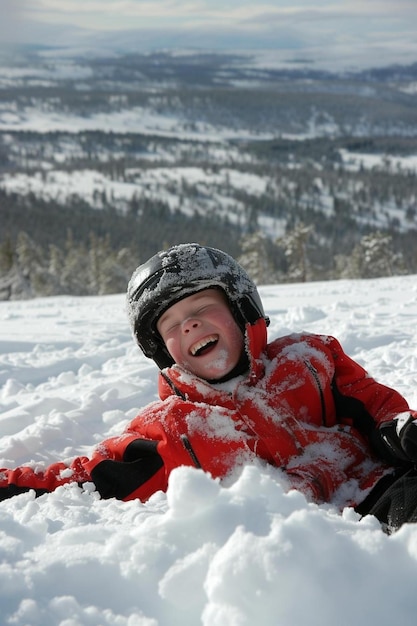 Foto un niño pequeño acostado en la nieve en una pendiente de esquí