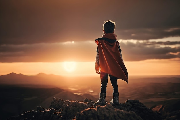 Niño pequeño actuando como un superhéroe en la cima de la montaña al atardecer AI Generation