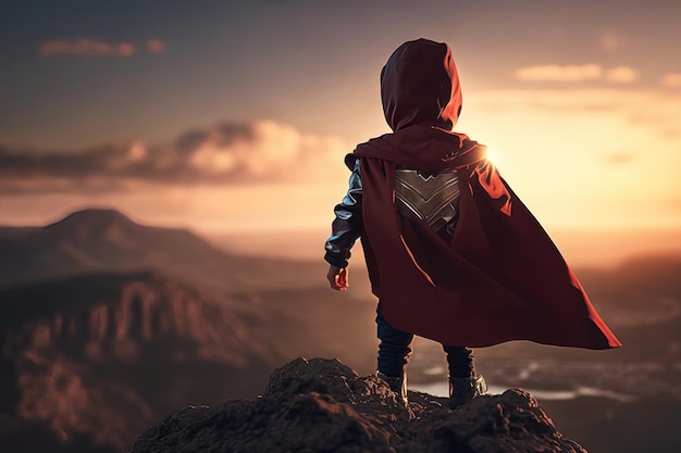Foto niño pequeño actuando como un superhéroe en la cima de la montaña al atardecer ai generation