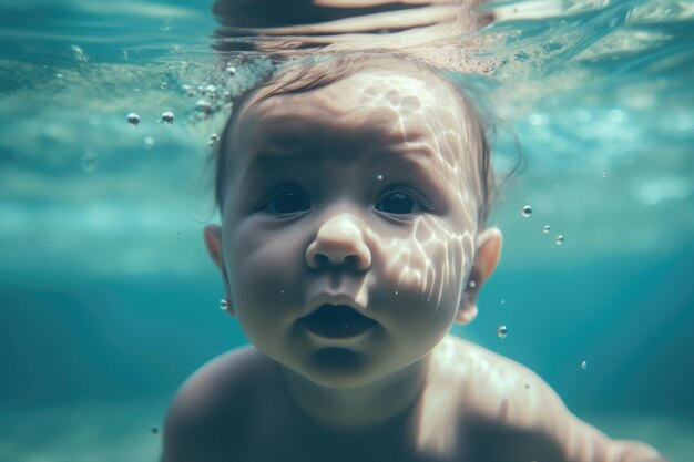 Niño pequeño bajo el agua en la piscina