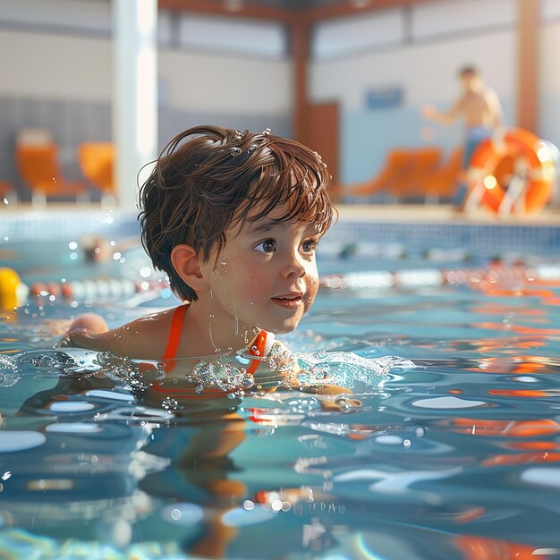 Foto un niño pequeño alegre chapoteando en la piscina