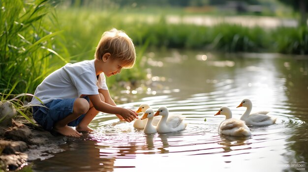 niño pequeño alimentando a un pequeño rebaño de patos en un estanque