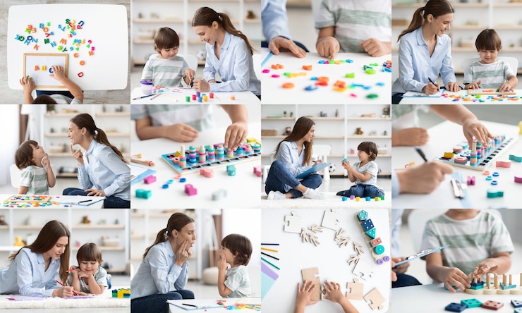 Foto niño pequeño aprendiendo con el maestro en el aula